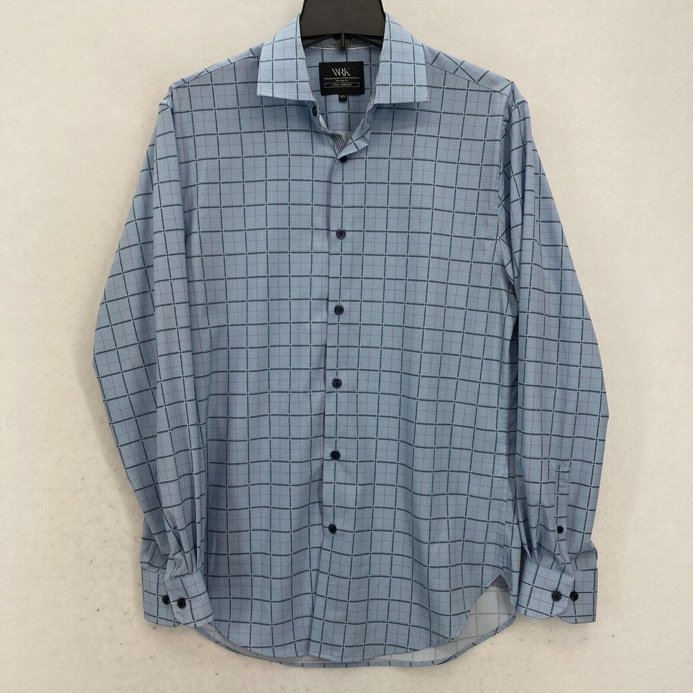 WRK Work Rest Karma 4-Way Stretch Dress Shirt Mens 15.5 Blue Plaid Preppy NYC